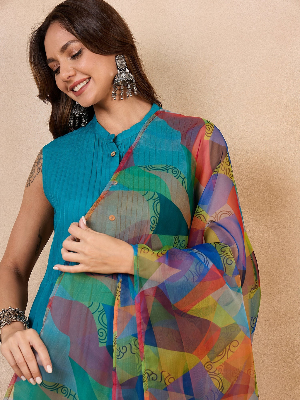 InWeave Green Big Abstract Print Organza Dupatta