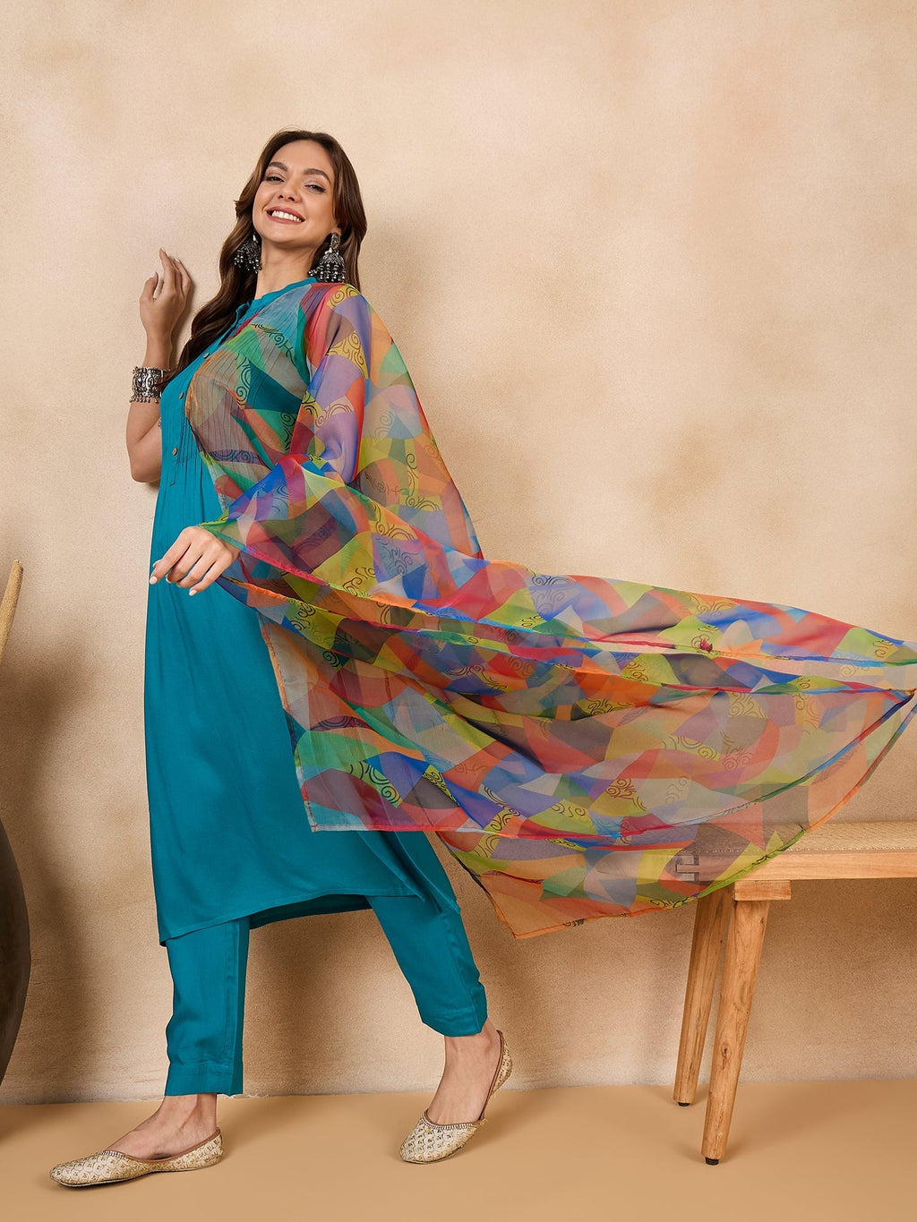 InWeave Green Big Abstract Print Organza Dupatta