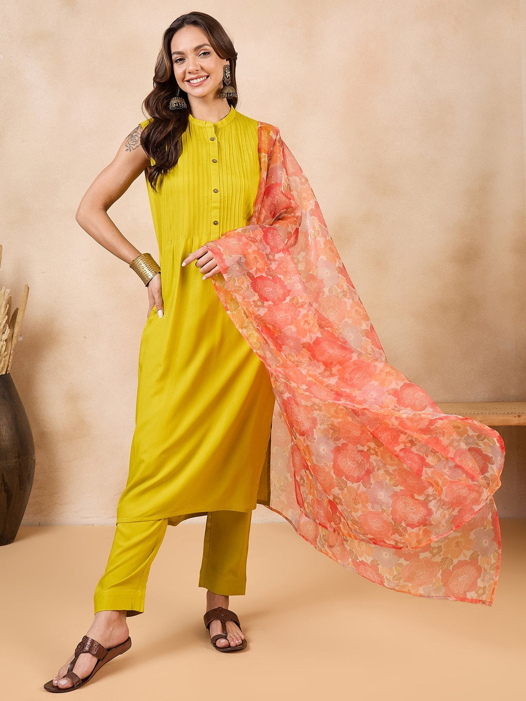 InWeave Orange Big Floral Organza Dupatta