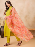 InWeave Orange Big Floral Organza Dupatta