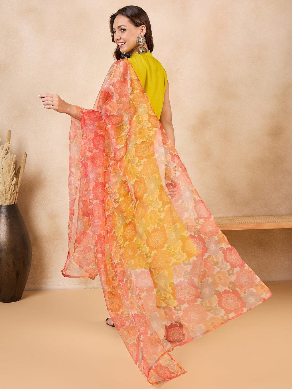 InWeave Orange Big Floral Organza Dupatta