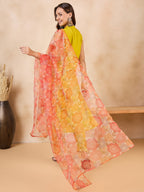 InWeave Orange Big Floral Organza Dupatta