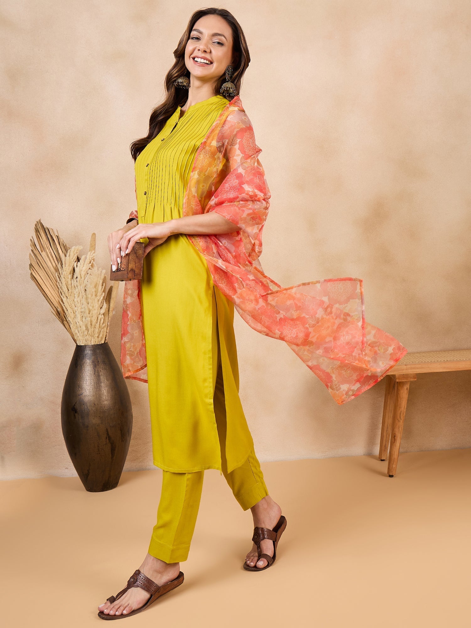 InWeave Orange Big Floral Organza Dupatta