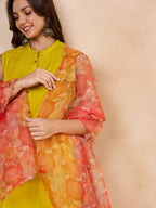 InWeave Orange Big Floral Organza Dupatta
