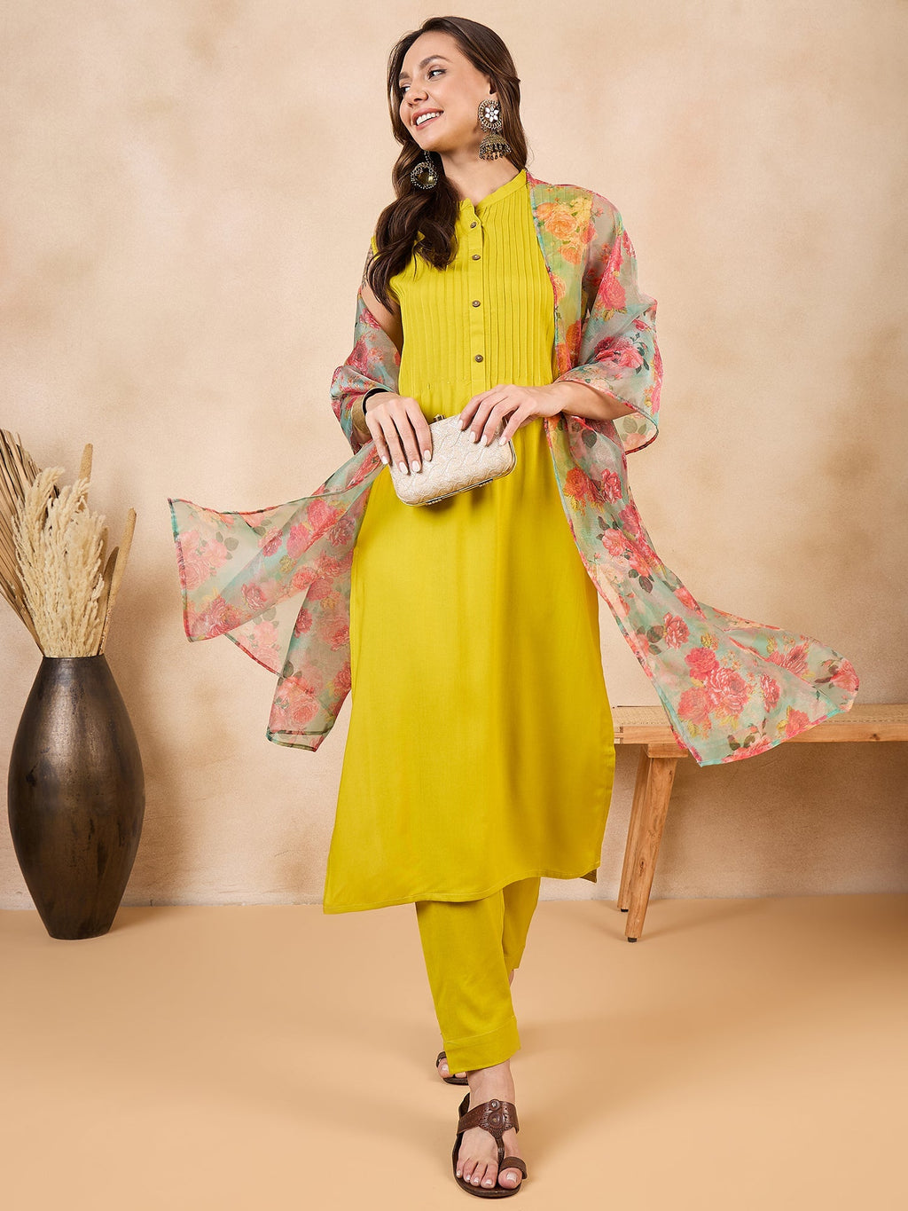 InWeave Pear Green Pink Floral Organza Dupatta