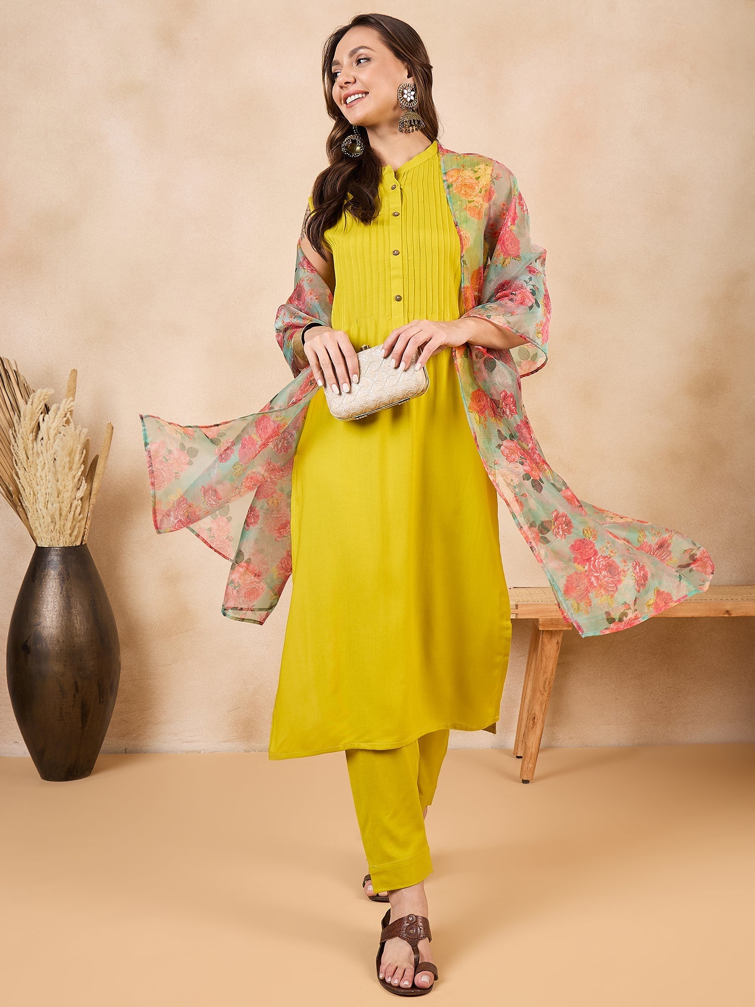 InWeave Pear Green Pink Floral Organza Dupatta