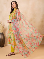 InWeave Pear Green Pink Floral Organza Dupatta