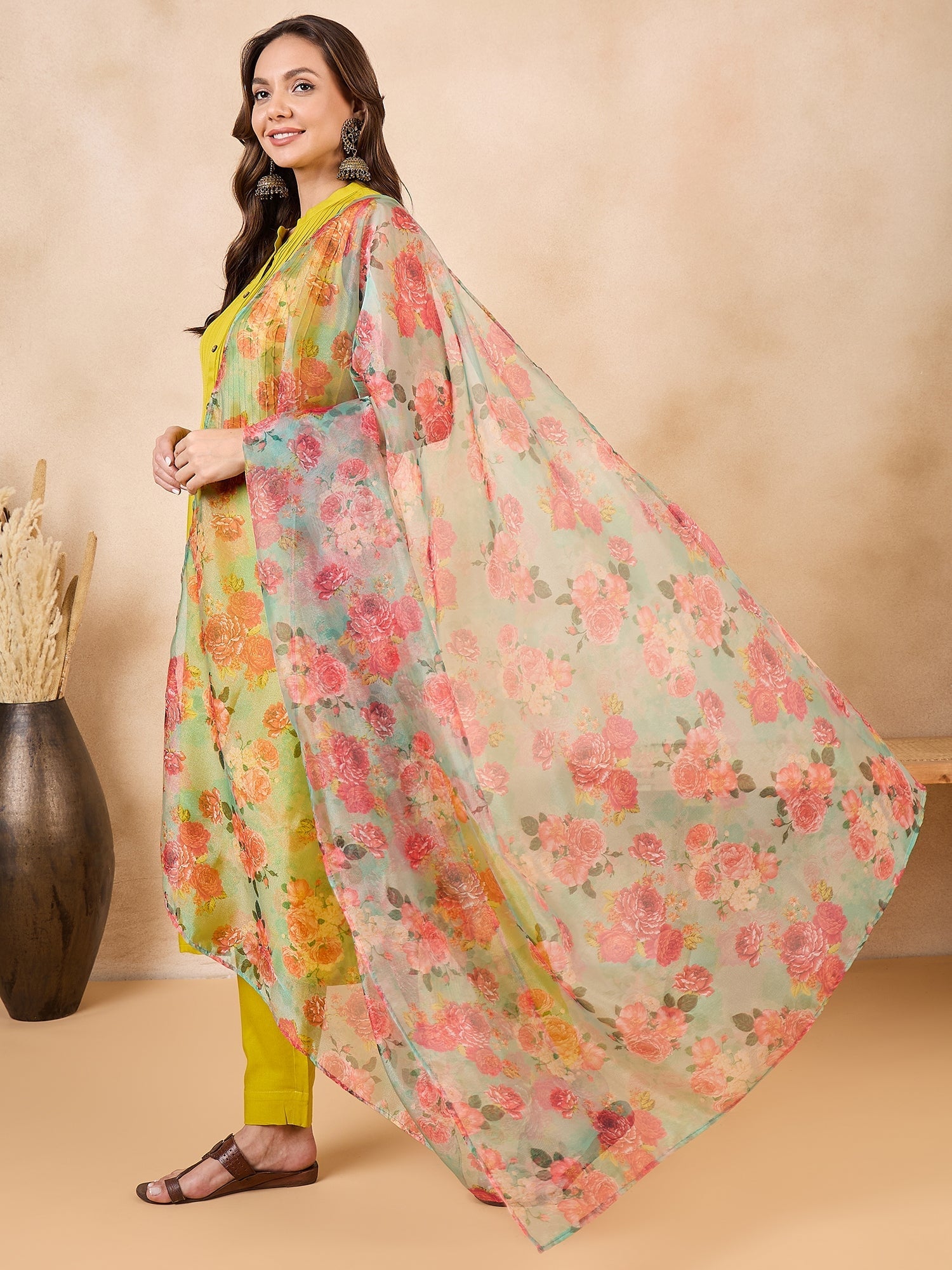 InWeave Pear Green Pink Floral Organza Dupatta