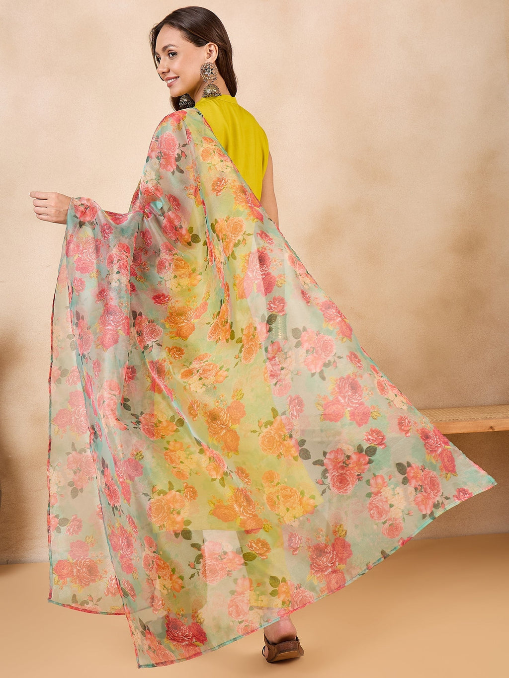 InWeave Pear Green Pink Floral Organza Dupatta