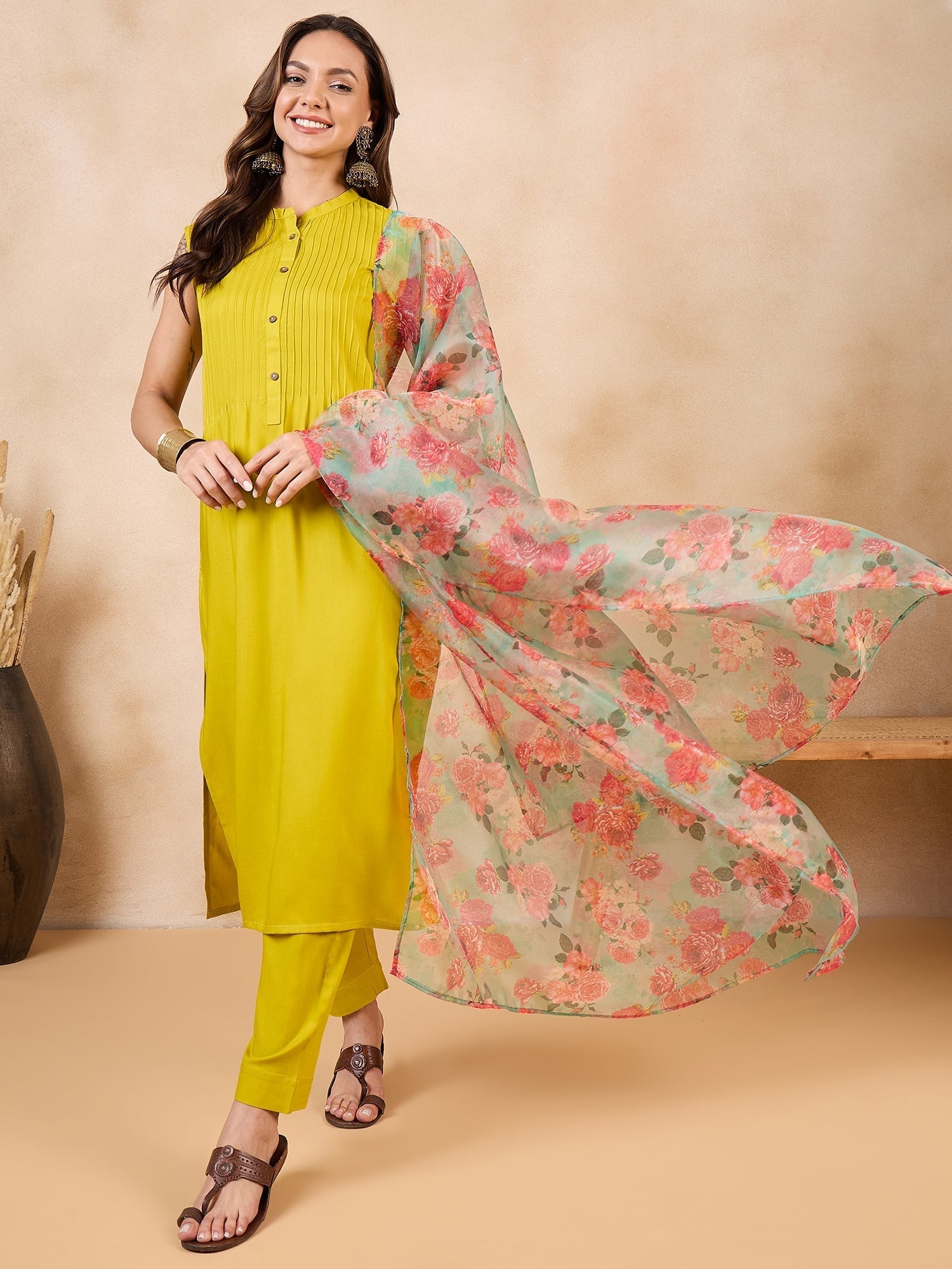 InWeave Pear Green Pink Floral Organza Dupatta