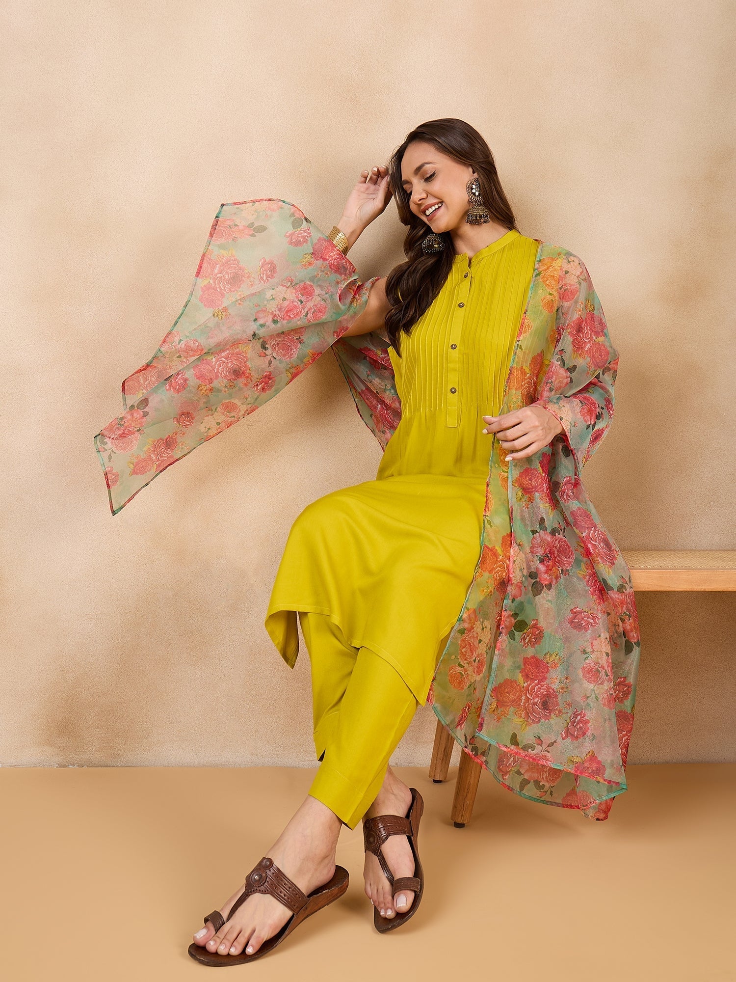 InWeave Pear Green Pink Floral Organza Dupatta