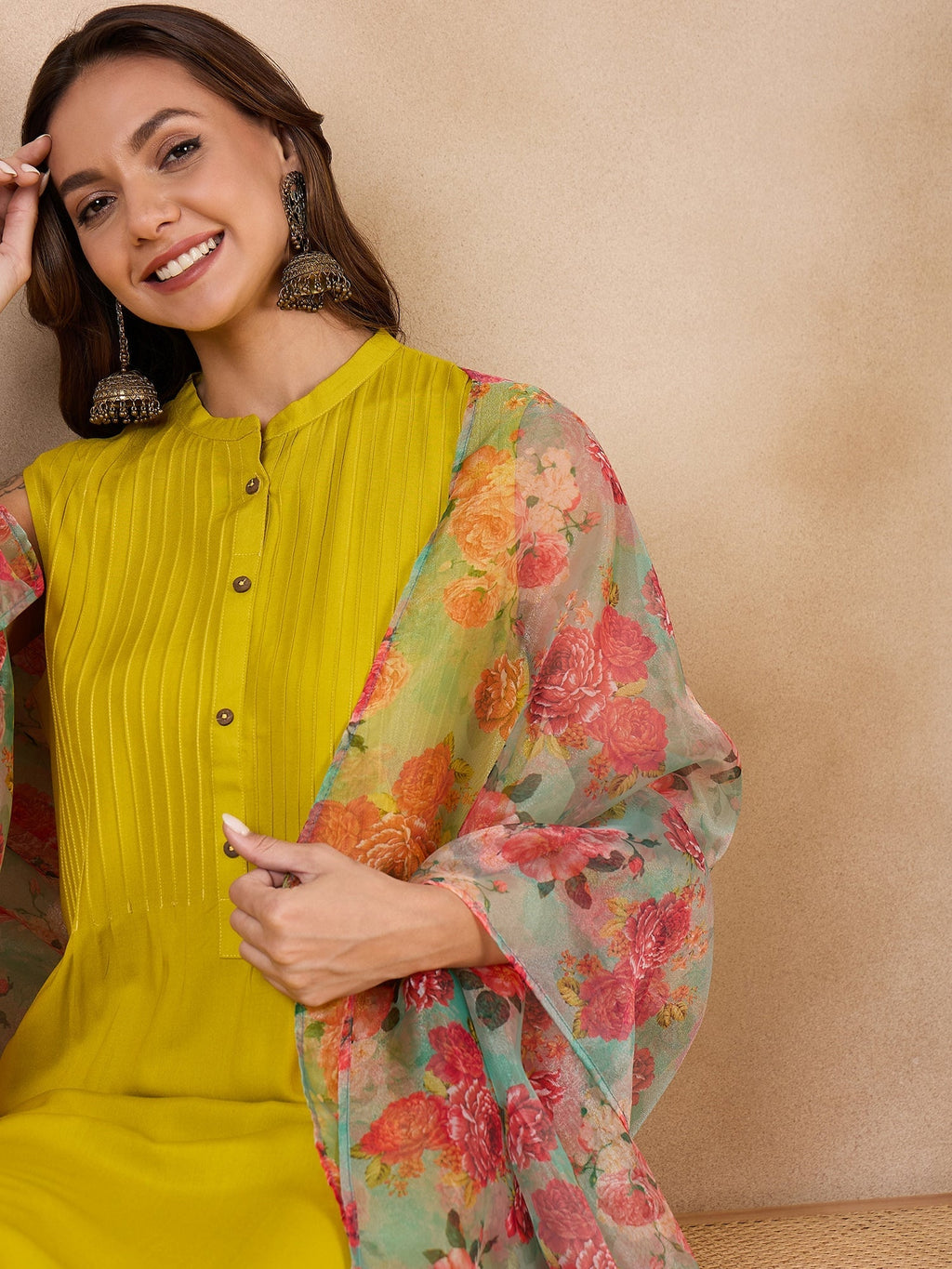 InWeave Pear Green Pink Floral Organza Dupatta