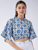 InWeave Cerulean Blue Bell Sleeves Crop Top