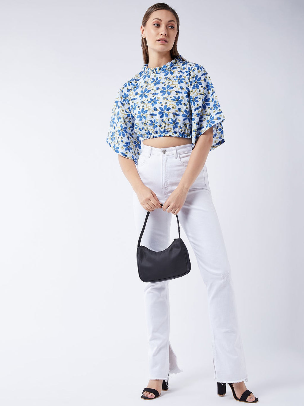 InWeave Cerulean Blue Bell Sleeves Crop Top