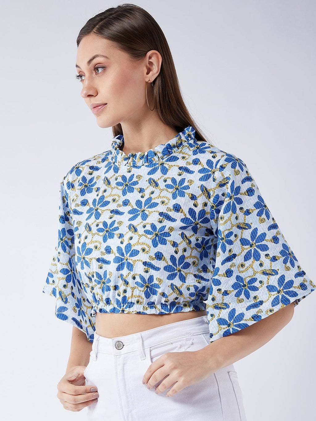 InWeave Cerulean Blue Bell Sleeves Crop Top