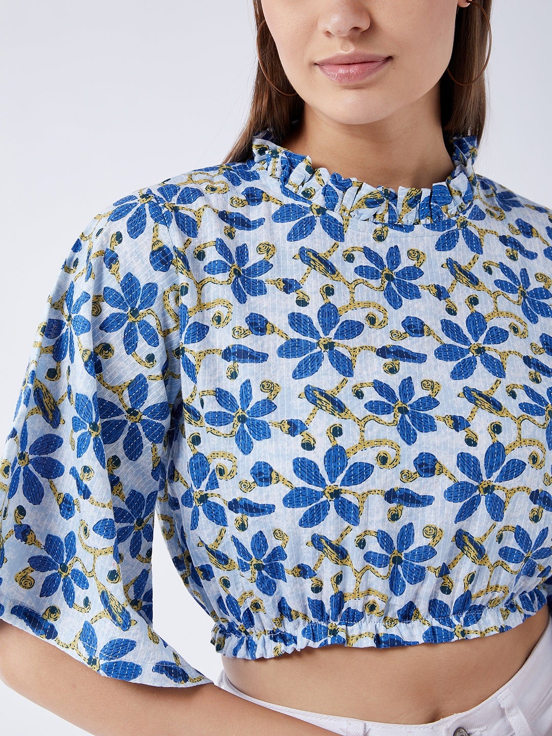 InWeave Cerulean Blue Bell Sleeves Crop Top