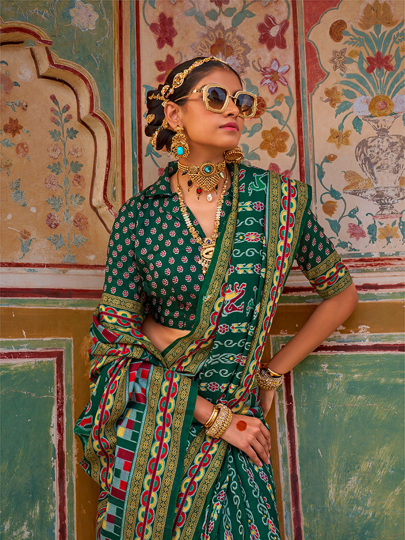 Monjolika Fashion Silk Patola Print Trendy Saree in Dark Green