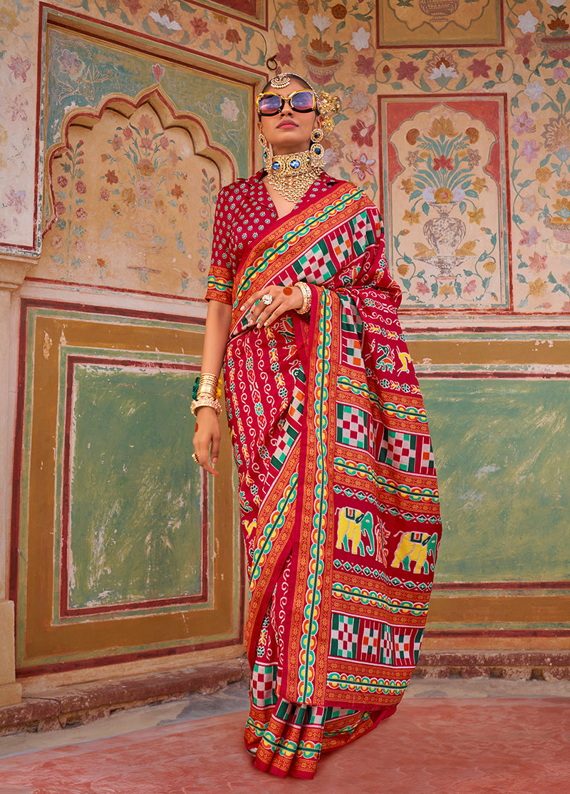 Monjolika Fashion Silk Patola Print Trendy Saree in Dark Red