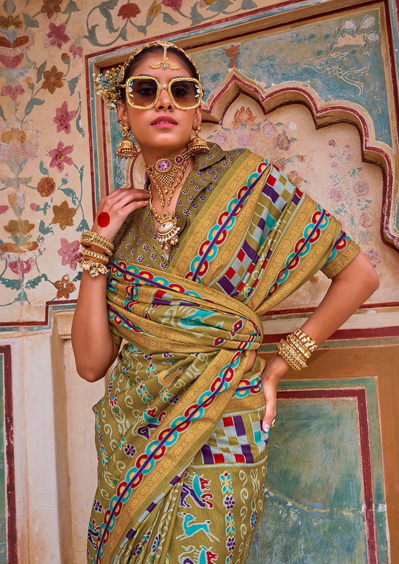 Monjolika Fashion Silk Patola Print Trendy Saree in Olive