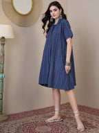 InWeave Indigo Stripe Kantha Collar Dress - Distacart