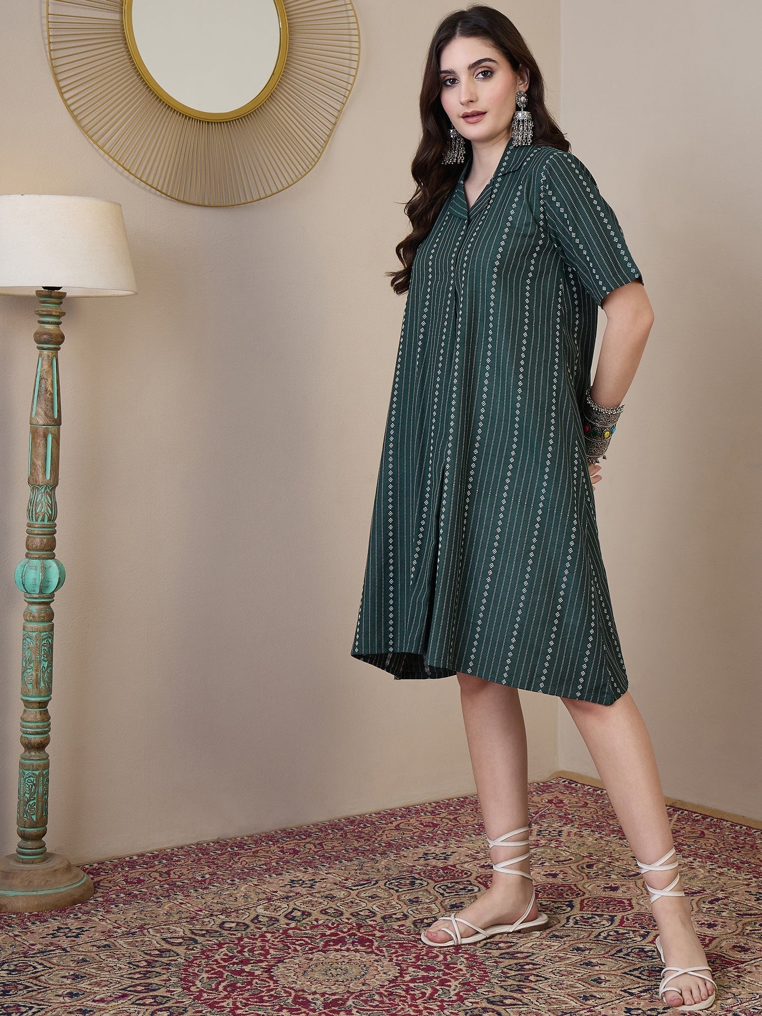 InWeave Green Stripe Kantha Collar Dress - Distacart