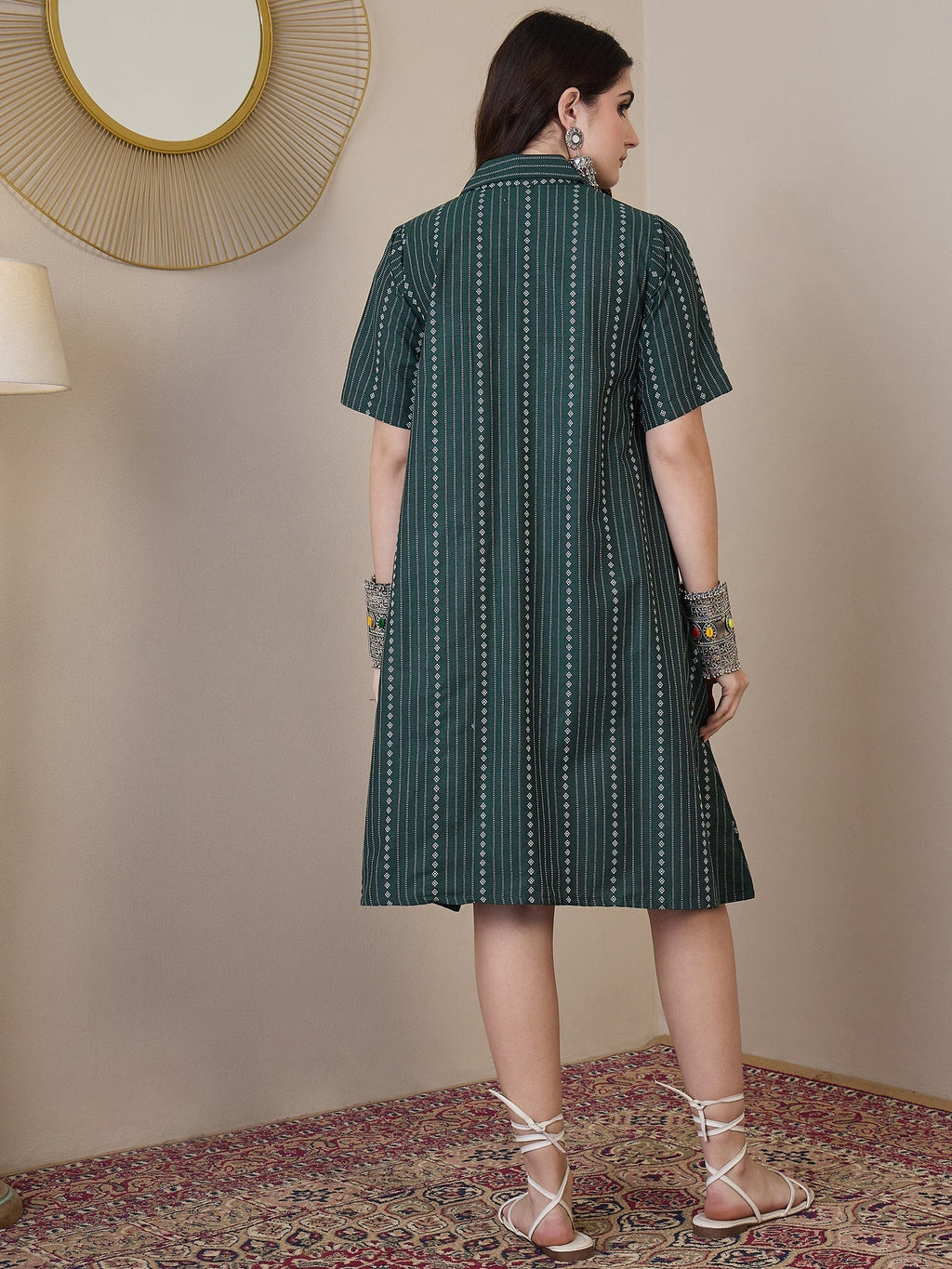 InWeave Green Stripe Kantha Collar Dress - Distacart
