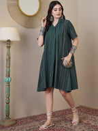 InWeave Green Stripe Kantha Collar Dress - Distacart