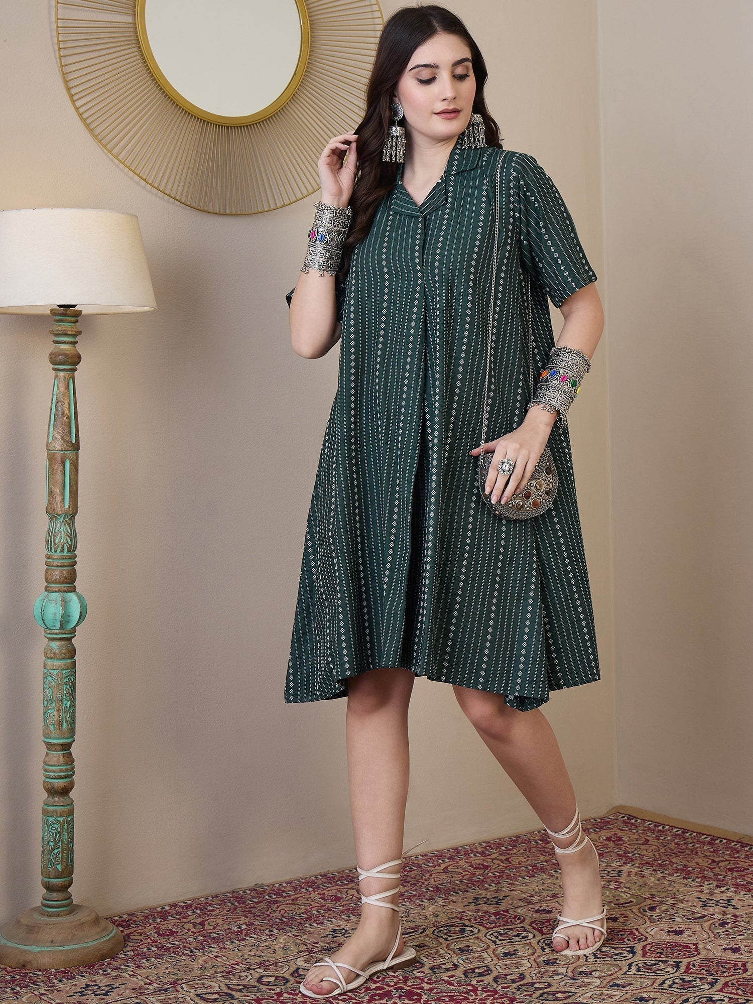 InWeave Green Stripe Kantha Collar Dress - Distacart