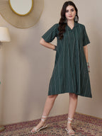 InWeave Green Stripe Kantha Collar Dress - Distacart