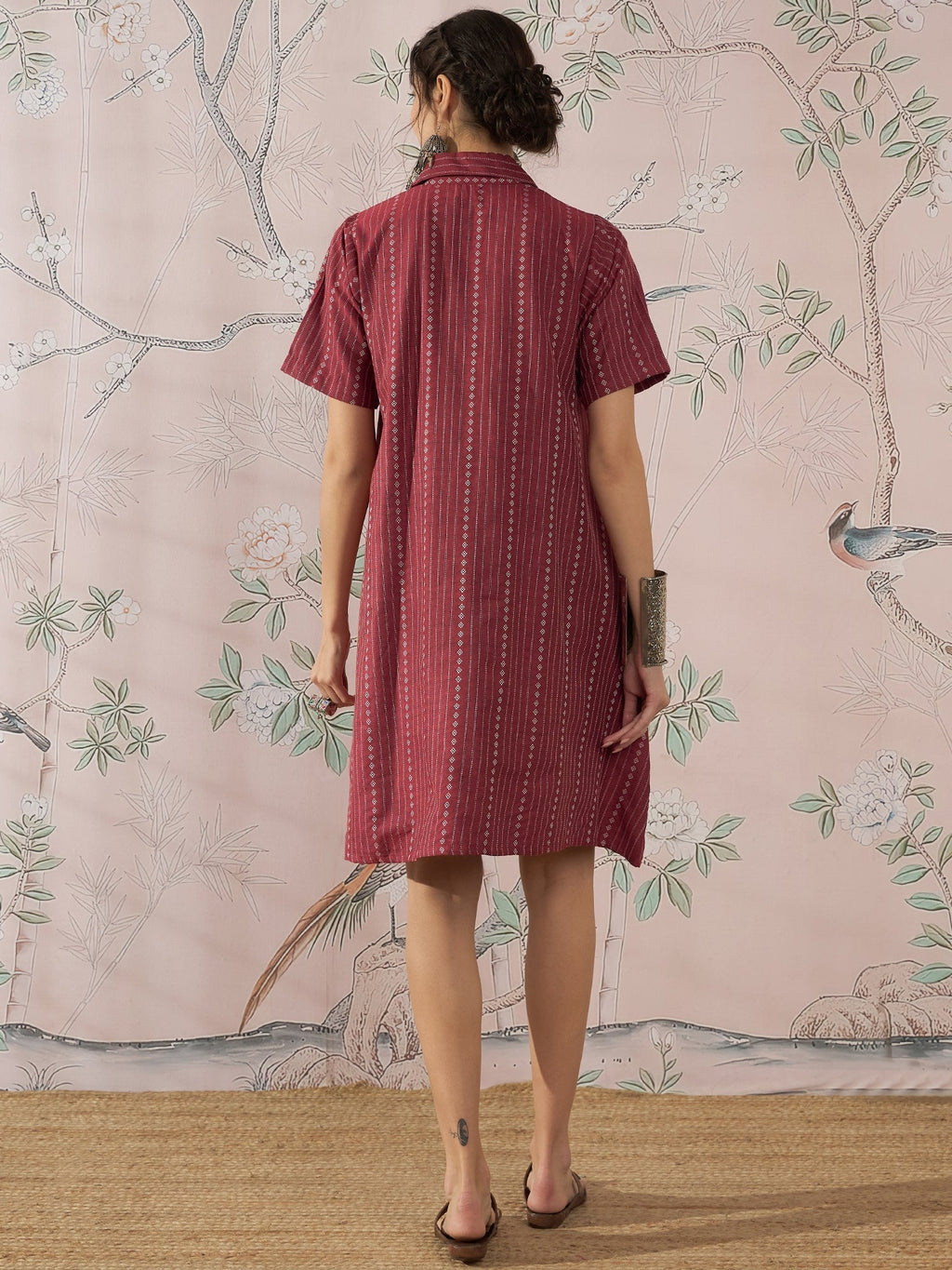 InWeave Maroon Stripe Kantha Collar Dress - Distacart