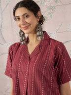 InWeave Maroon Stripe Kantha Collar Dress - Distacart