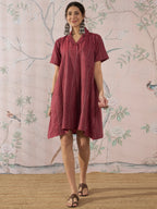 InWeave Maroon Stripe Kantha Collar Dress - Distacart