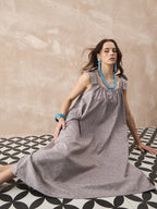 InWeave Dull Grey Linen Pleat Bow Dress - Distacart