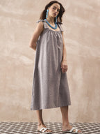 InWeave Dull Grey Linen Pleat Bow Dress - Distacart