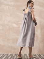 InWeave Dull Grey Linen Pleat Bow Dress - Distacart