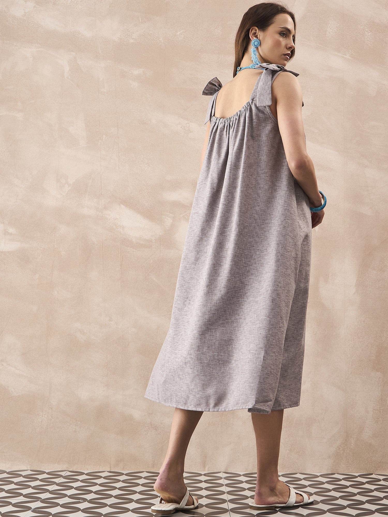 InWeave Dull Grey Linen Pleat Bow Dress - Distacart