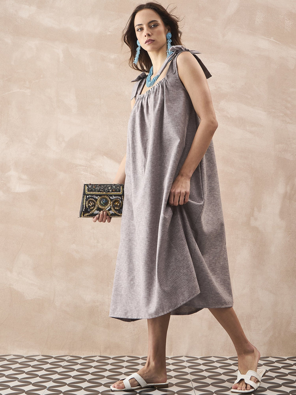 InWeave Dull Grey Linen Pleat Bow Dress - Distacart