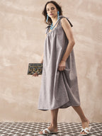 InWeave Dull Grey Linen Pleat Bow Dress - Distacart
