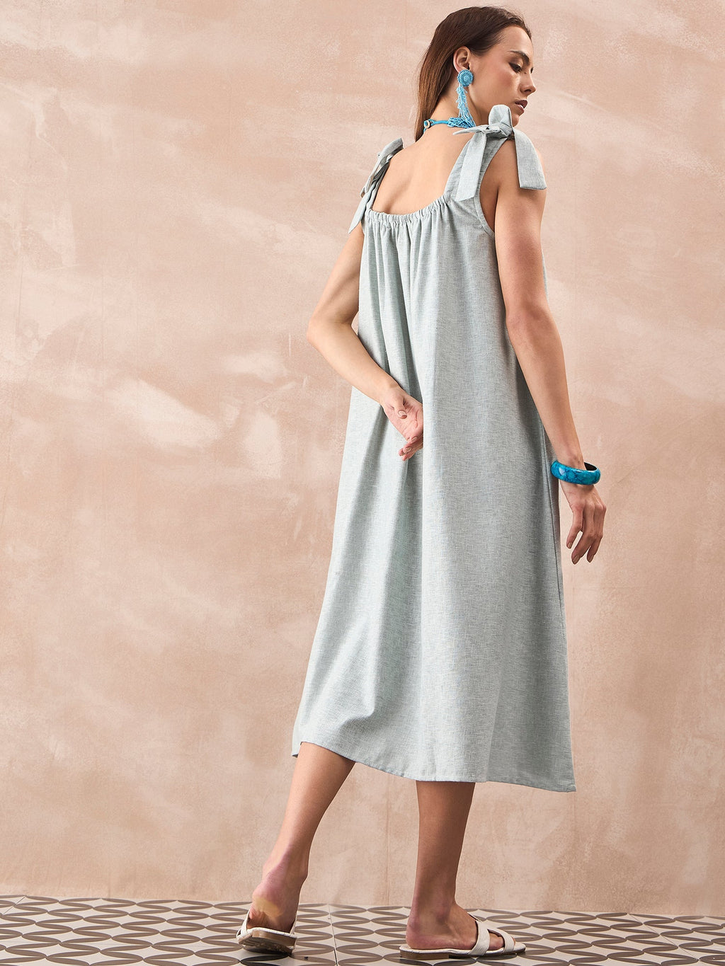 InWeave Pistachio Linen Pleat Bow Dress - Distacart
