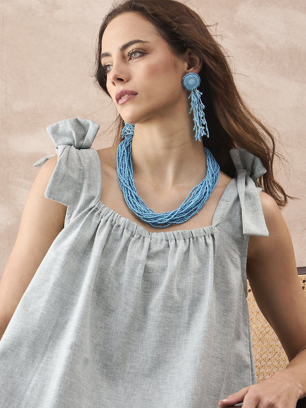 InWeave Pistachio Linen Pleat Bow Dress - Distacart