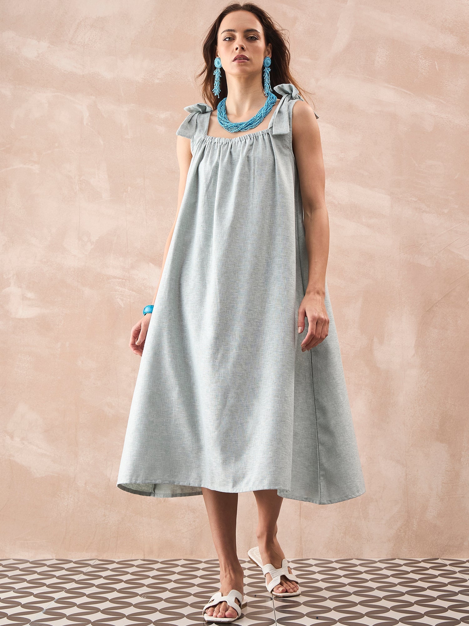 InWeave Pistachio Linen Pleat Bow Dress - Distacart
