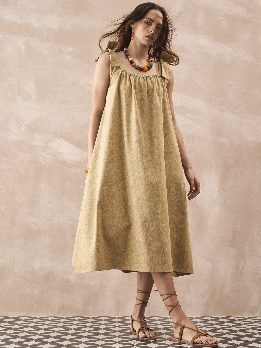InWeave Dull Khaki Linen Pleat Bow Dress - Distacart
