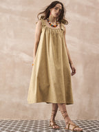 InWeave Dull Khaki Linen Pleat Bow Dress - Distacart