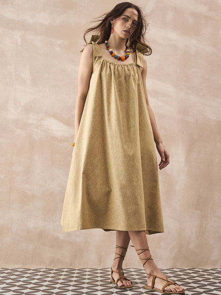 InWeave Dull Khaki Linen Pleat Bow Dress