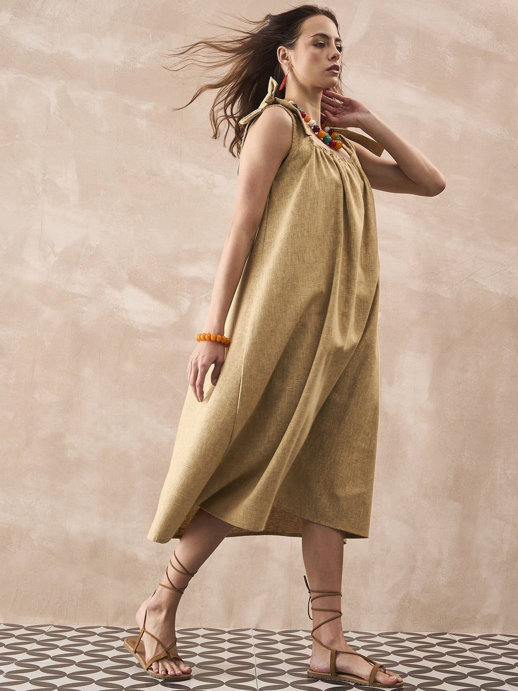 InWeave Dull Khaki Linen Pleat Bow Dress - Distacart