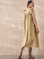 InWeave Dull Khaki Linen Pleat Bow Dress - Distacart