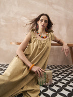 InWeave Dull Khaki Linen Pleat Bow Dress - Distacart