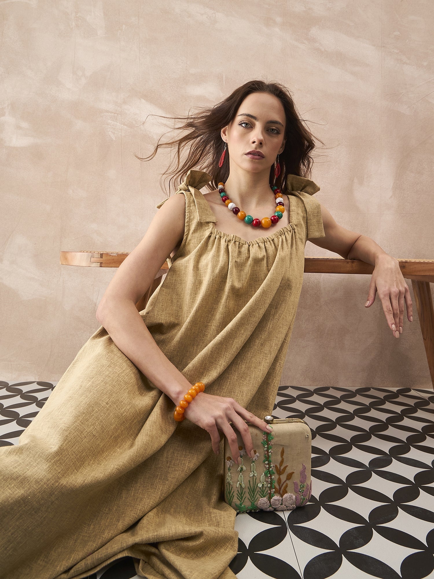 InWeave Dull Khaki Linen Pleat Bow Dress - Distacart