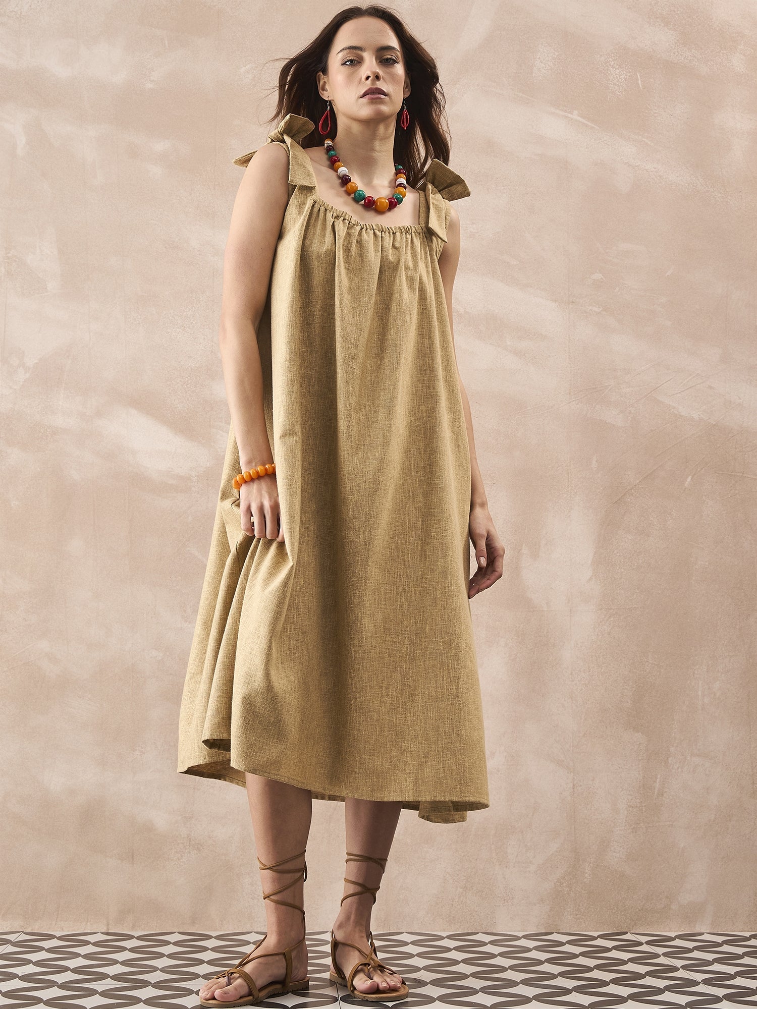 InWeave Dull Khaki Linen Pleat Bow Dress - Distacart