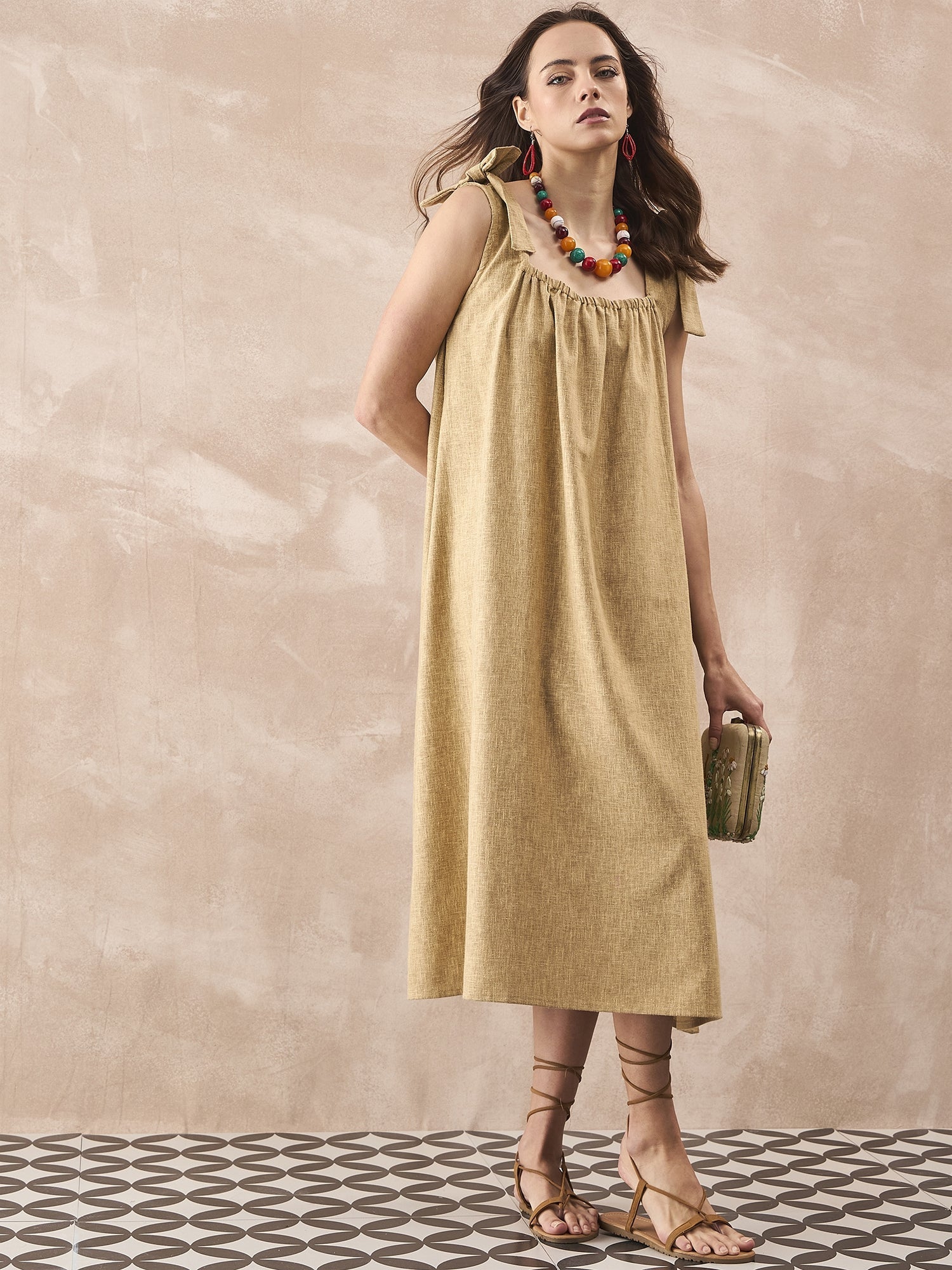 InWeave Dull Khaki Linen Pleat Bow Dress - Distacart